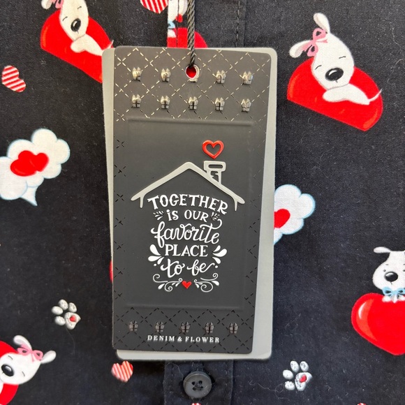 Denim & Flower Men’s Black Shirt with Hearts Puppy Dogs Love XL NWT - Picture 7 of 11